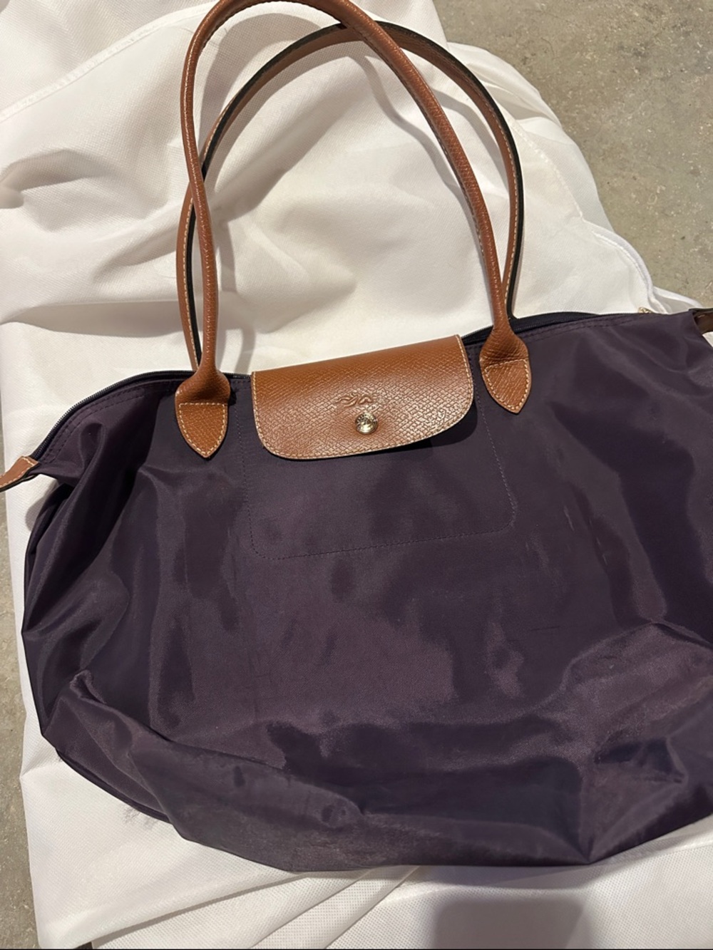 Longchamp Plum Nylon Shoulder Tote with Tan Leather Trim